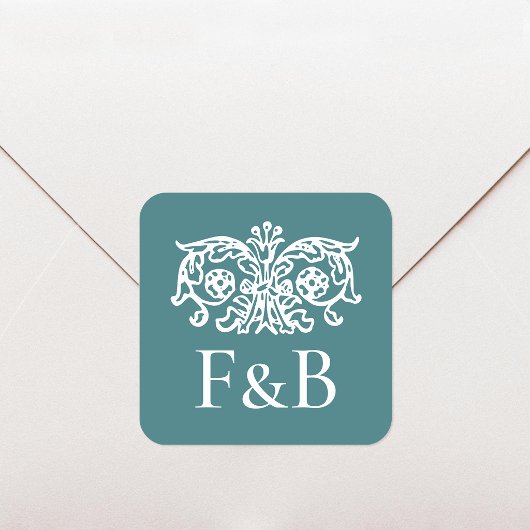 Monogram Trouw Ornate Bloem Teal Groen Vierkante Sticker