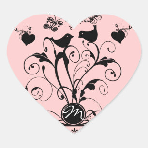 Monogram Trouw Vogels Harten Krullen Hart Sticker