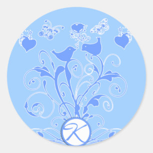 Monogram Trouw Vogels Harten Krullen Poederblauw Ronde Sticker
