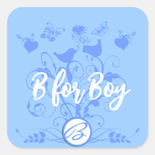 Monogram Trouw Vogels Harten Krullen Poederblauw Vierkante Sticker