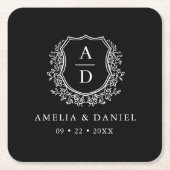 Monogram Trouwen Bloemen Crest Elegant Kartonnen Onderzetters (Voorkant)