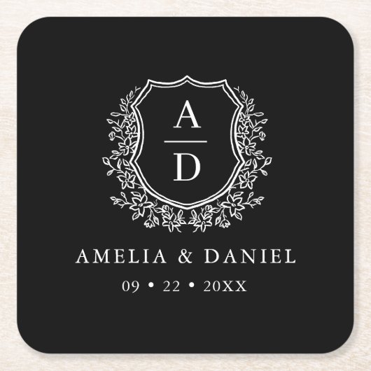 Monogram Trouwen Bloemen Crest Elegant Kartonnen Onderzetters (Voorkant)