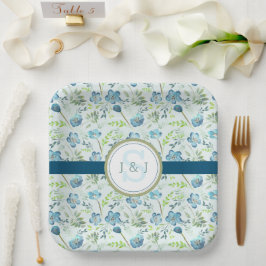 Monogram Trouwfeest Boho Blauwe Waterverf Bloemen Papieren Bordje