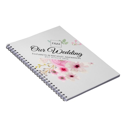 Monogram Trouwkoppel Roze Bloem Notitieboek (Rechterzijde)