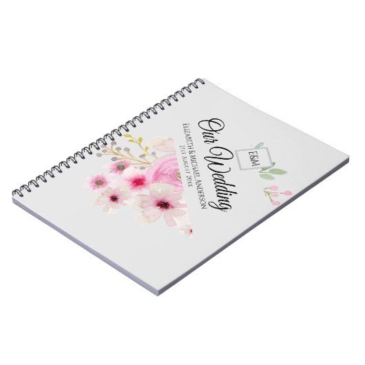 Monogram Trouwkoppel Roze Bloem Notitieboek (Linkerzijde)