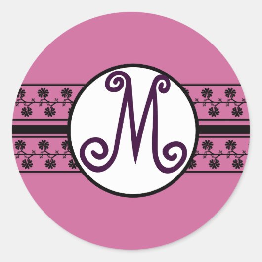 Monogram Trouwranden Pruim Ronde Sticker (Voorkant)