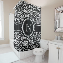 Monogram Tudor Garden Damask Elegant Zwart Wit Douchegordijn