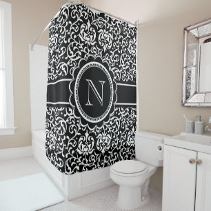 Monogram Tudor Garden Damask Elegant Zwart Wit Douchegordijn