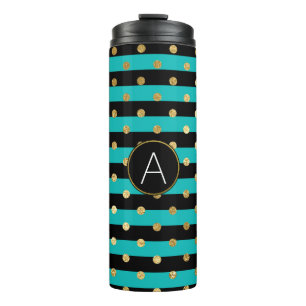 Monogram turquoise, Black and Gold Foil Polka Dot Thermosbeker