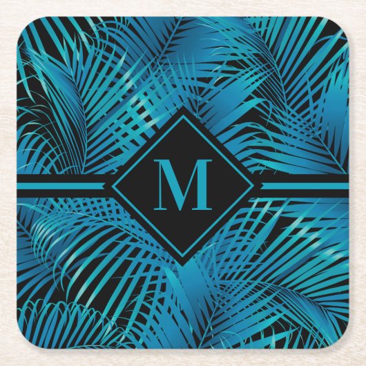 Monogram Turquoise Black Palms Kartonnen Onderzetters (Voorkant)