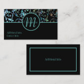 Monogram Turquoise & Black Pearl Floral Card Visitekaartje (Voorkant / Achterkant)