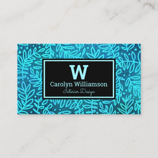 Monogram turquoise blad patroon modern visitekaartje (Voorkant)