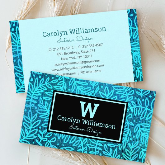 Monogram turquoise blad patroon modern visitekaartje
