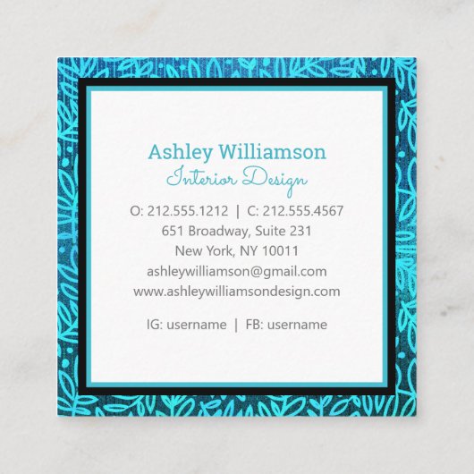 Monogram turquoise bladpatroon modern botanisch vierkante visitekaartje (Achterkant)
