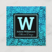 Monogram turquoise bladpatroon modern botanisch vierkante visitekaartje (Voorkant)