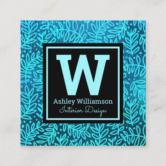 Monogram turquoise bladpatroon modern botanisch vierkante visitekaartje (Voorkant)