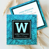 Monogram turquoise bladpatroon modern botanisch vierkante visitekaartje