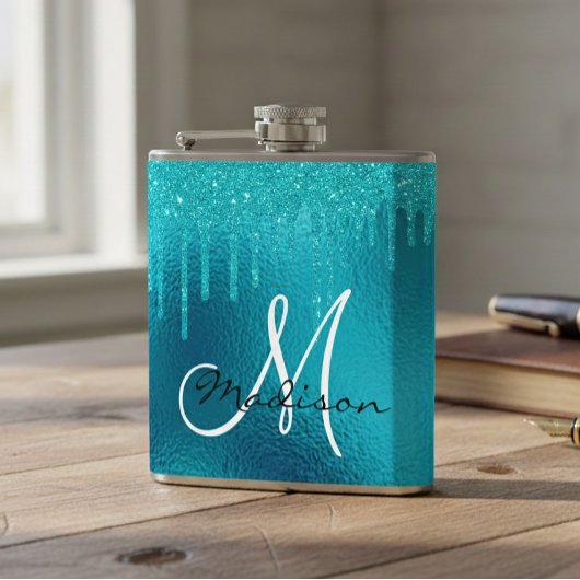 Monogram Turquoise Blauwe Glitter Drips Meisjesach Heupfles