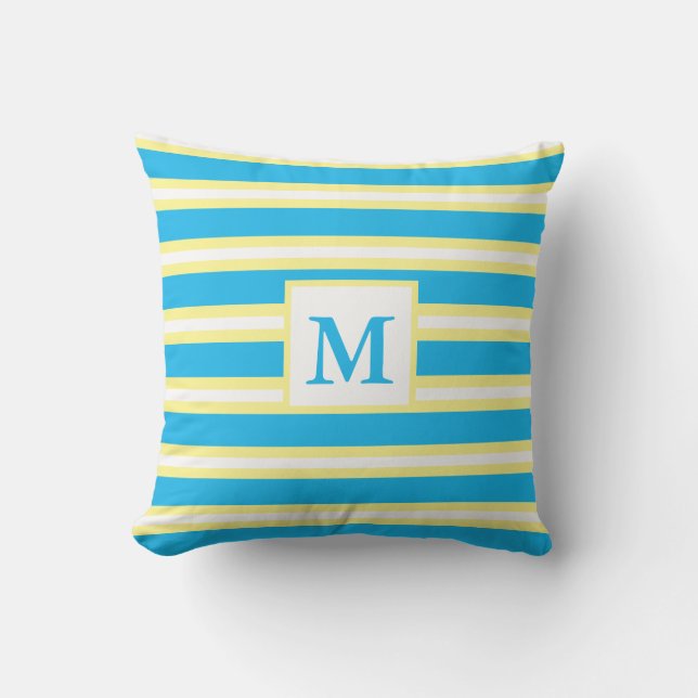 Monogram Turquoise Blauwe Strepen Buitenkussen (Voorkant)
