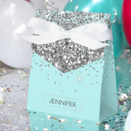 Monogram Turquoise Blauwe Zilveren Glam Glitter Na Bedankdoosjes