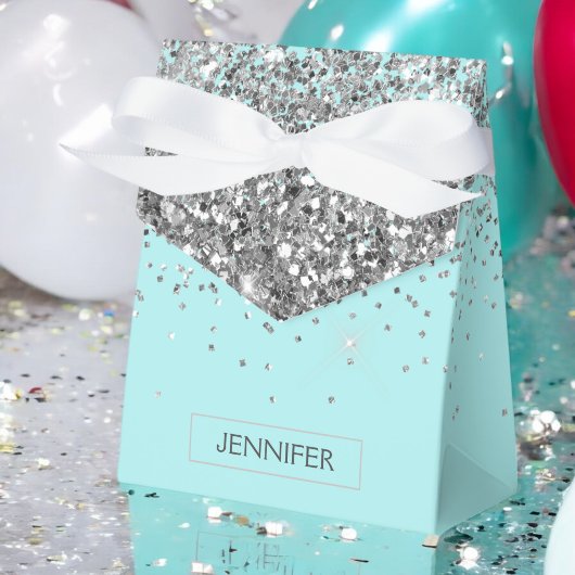 Monogram Turquoise Blauwe Zilveren Glam Glitter Na Bedankdoosjes