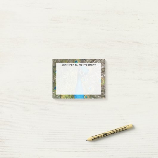 Monogram Turquoise Blue Lime Green Pauw Feather Post-it® Notes (Op bureau)