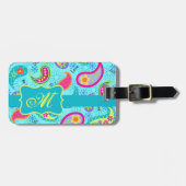 Monogram Turquoise Blue Modern Paisley Pattern Bagagelabel (Voorkant horizontaal)