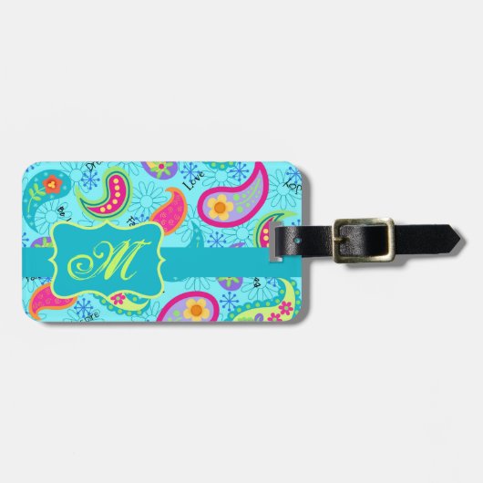 Monogram Turquoise Blue Modern Paisley Pattern Bagagelabel (Voorkant horizontaal)