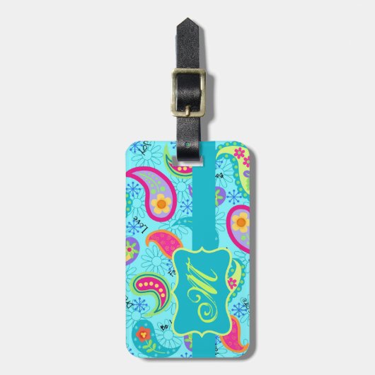 Monogram Turquoise Blue Modern Paisley Pattern Bagagelabel (Voorkant verticaal)