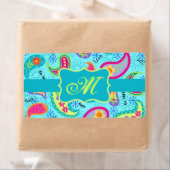 Monogram Turquoise Blue Modern Paisley Pattern Etiket (Insitu)