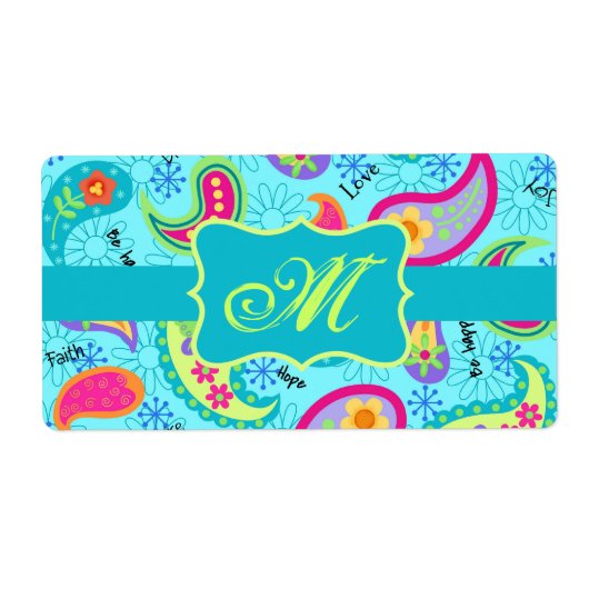 Monogram Turquoise Blue Modern Paisley Pattern Etiket (Voorkant)