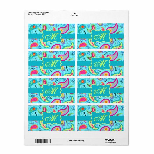 Monogram Turquoise Blue Modern Paisley Pattern Etiket (Full Sheet)