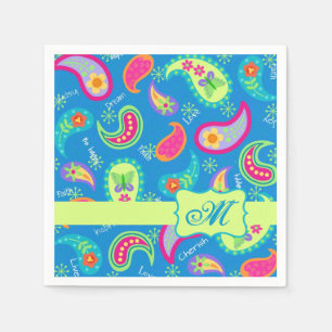 Monogram Turquoise Blue Modern Paisley Pattern Servet