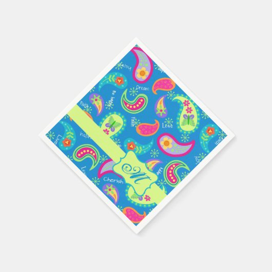 Monogram Turquoise Blue Modern Paisley Pattern Servet (Hoek)