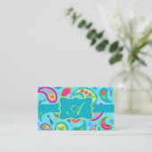 Monogram Turquoise Blue Modern Paisley Pattern Visitekaartje (Staand voorkant)