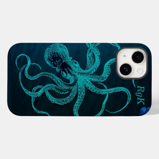 Monogram Turquoise & Blue Octopus Case-Mate iPhone Case (Achterkant (horizontaal))