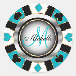 Monogram Turquoise Casino Poker Chip Design Ronde Sticker