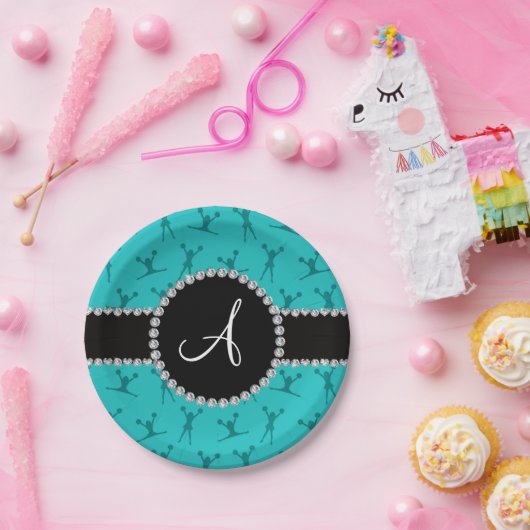 Monogram turquoise cheerleading zwarte cirkel papieren bordje (Feest)
