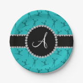 Monogram turquoise cheerleading zwarte cirkel papieren bordje (Voorkant)