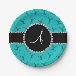 Monogram turquoise cheerleading zwarte cirkel papieren bordje