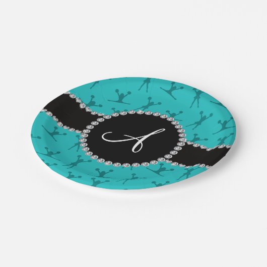 Monogram turquoise cheerleading zwarte cirkel papieren bordje (Gekanteld)