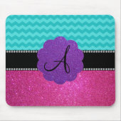 Monogram turquoise chevrons roze glitter muismat (Voorkant)