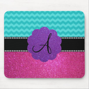 Monogram turquoise chevrons roze glitter muismat