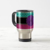 Monogram turquoise chevrons roze glitter reisbeker (Voorkant links)