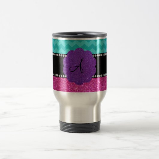 Monogram turquoise chevrons roze glitter reisbeker (Center)