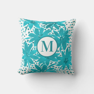 Monogram Turquoise Daisy Waterverf Bouquet Kussen