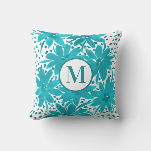 Monogram Turquoise Daisy Waterverf Bouquet Kussen (Voorkant)
