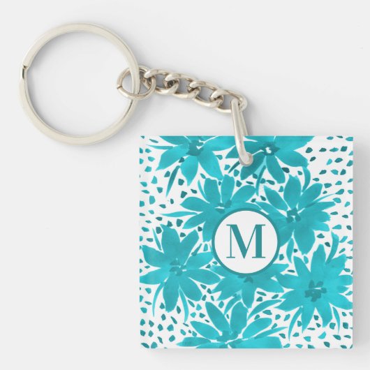 Monogram Turquoise Daisy Waterverf Bouquet Sleutelhanger (voorkant)