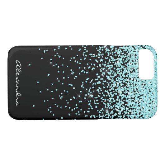 Monogram Turquoise en Black Glitter Sparkle Case-Mate iPhone Case (Achterkant (Horizontaal))