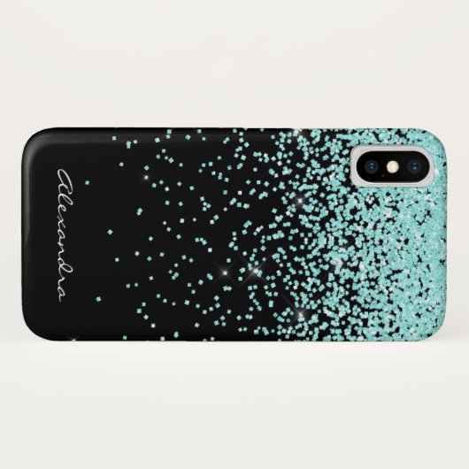 Monogram Turquoise en Black Glitter Sparkle Case-Mate iPhone Case (Achterkant (horizontaal))